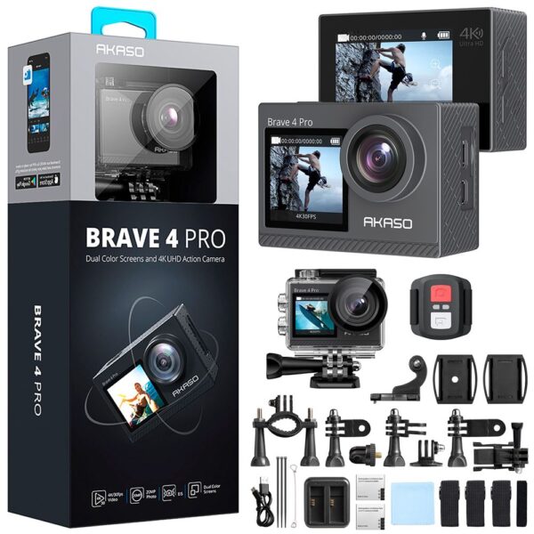Akaso Brave 4 Pro Dual Screens 4K 30Fps Wi-Fi Aksiyon Kamera ve Süper Aksesuar Seti (Akaso Türkiye 2 Yıl Garantili)