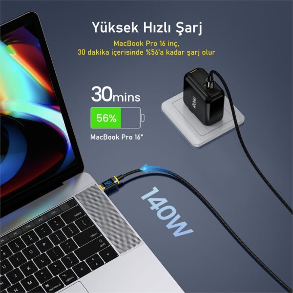 Aohi Magline USB-C to USB-C 1.2m PD 3.1 480Mbps 140W LED Ekranlı Naylon Örgülü Süper Hızlı Şarj/Data Kablosu - Görsel 2