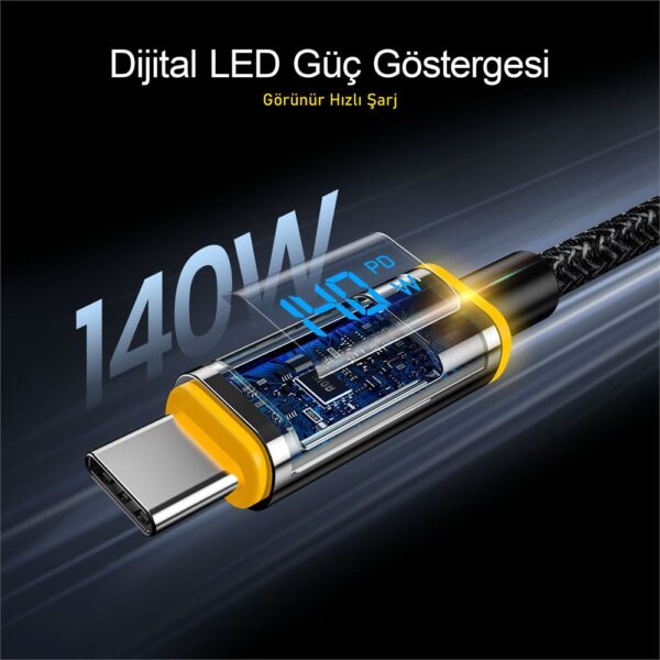 Aohi Magline USB-C to USB-C 1.2m PD 3.1 480Mbps 140W LED Ekranlı Naylon Örgülü Süper Hızlı Şarj/Data Kablosu - Görsel 6