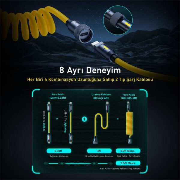 Aohi The Future Silky USB-C to USB-C Apple Lightning Modüler Uzayabilen 2,6m 480Mbps 240W PD 3.1 MFI Lisanslı Süper Hızlı Şarj/Data Kablo Seti - Görsel 3