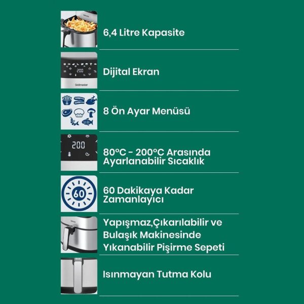 Goldmaster Chefcook  Airfryer Inox 6,4 Litre XXL 2000W Sıcak Hava Fritözü - Görsel 7