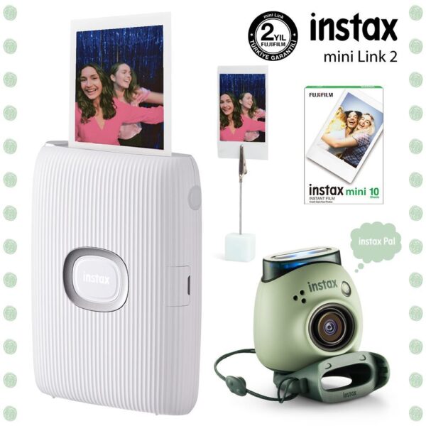 Instax Mini Link 2 Beyaz Akıllı Telefon Yazıcısı ve Pal Yeşil Dijital Kamera Seti