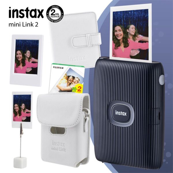 Instax Mini Link 2 Uzay Mavisi Yazıcı 20li mini Film Deri Kılıf Albüm Çerçeve ve Kıskaçlı Stand