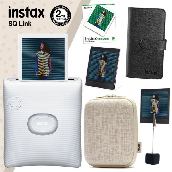 Instax SQ Link Beyaz Yazıcı 10lu Square Film Kılıf Albüm Pleksi Çerçeve ve Kıskaçlı Stand