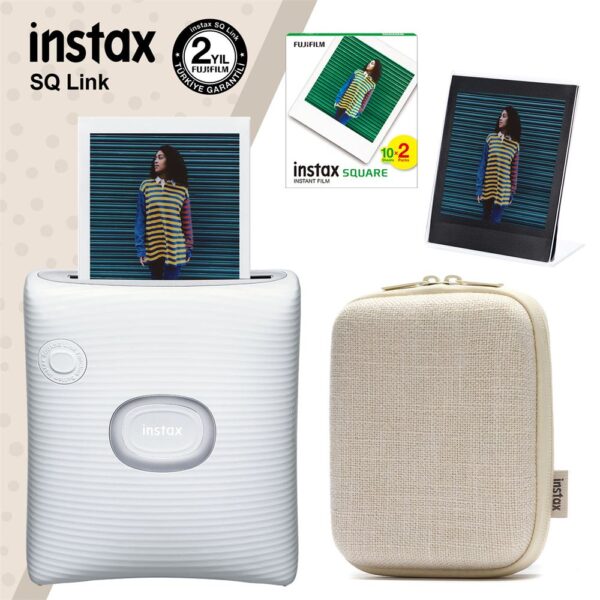 Instax SQ Link Beyaz Yazıcı 20li Square Film Kılıf ve Pleksi Çerçeve