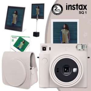 Instax SQ1 Beyaz Fotoğraf Makinesi 10lu Kare Film Deri Kılıf Pleksi Çerçeve ve Kıskaçlı Stand