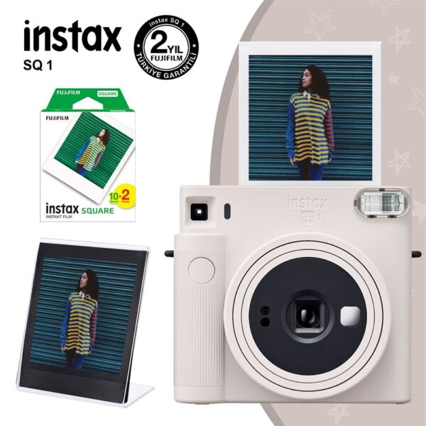 Instax SQ1 Beyaz Fotoğraf Makinesi 20li Kare Film ve Pleksi Çerçeve