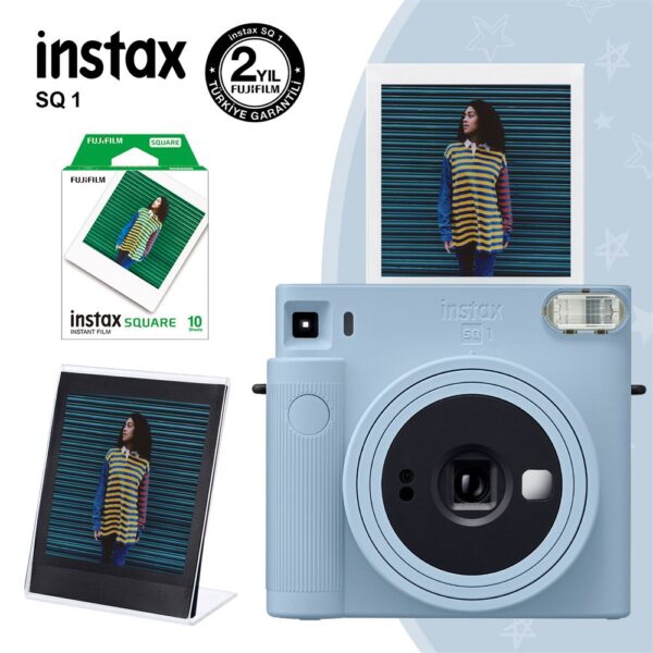 Instax SQ1 Buz Mavi Fotoğraf Makinesi 10lu Kare Film ve Pleksi Çerçeve