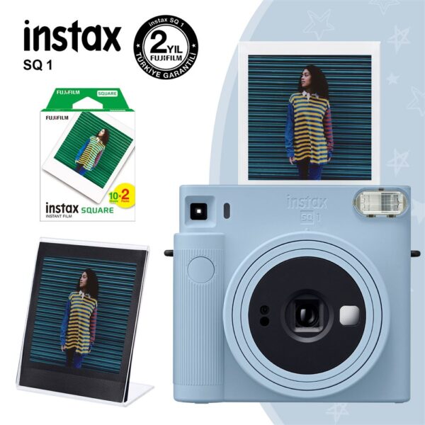 Instax SQ1 Buz Mavi Fotoğraf Makinesi 20li Kare Film ve Pleksi Çerçeve