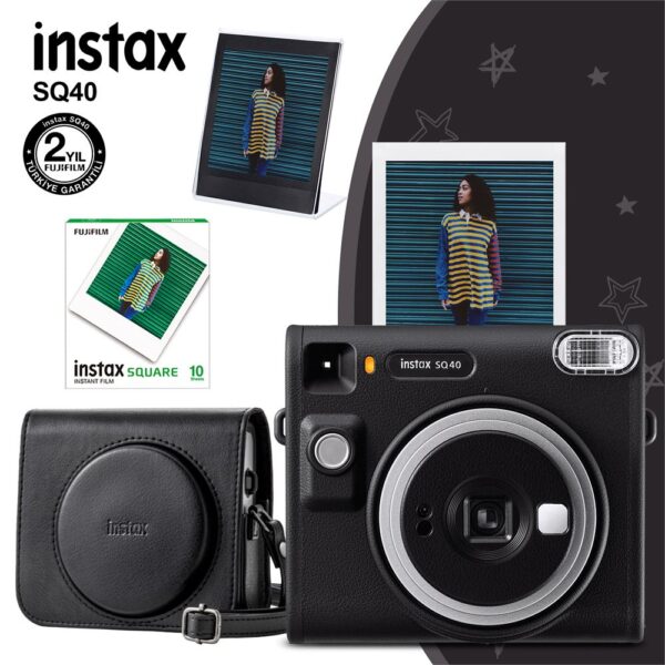 Instax SQ40 Siyah Fotoğraf Makinesi 10lu Kare Film Deri Kılıf ve Pleksi Çerçeve