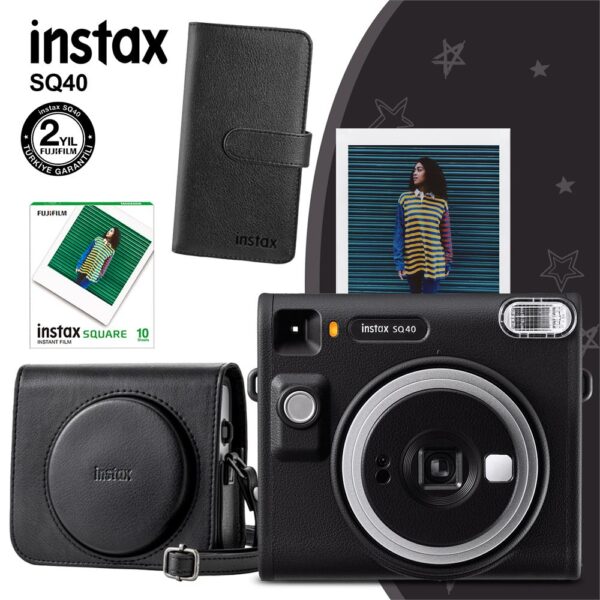 Instax SQ40 Siyah Fotoğraf Makinesi 10lu Kare Film Deri Kılıf ve Siyah Albüm