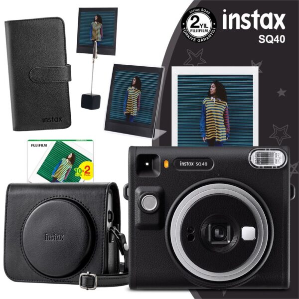 Instax SQ40 Siyah Fotoğraf Makinesi 20li Kare Film Deri Kılıf Albüm Pleksi Çerçeve ve Kıskaçlı Stand