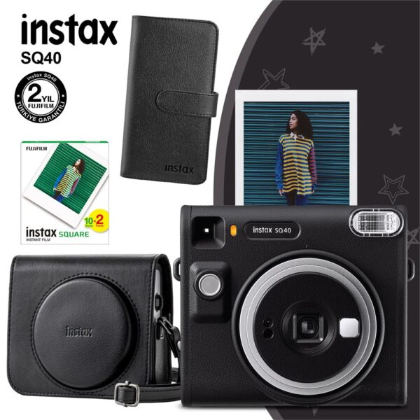 Instax SQ40 Siyah Fotoğraf Makinesi 20li Kare Film Deri Kılıf ve Siyah Albüm