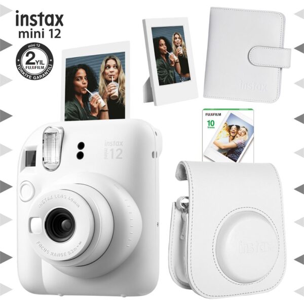 Instax mini 12 Beyaz Fotoğraf Makinesi-10'lu Film-Çerçeve-Kare Albüm ve Deri Kılıf Seti