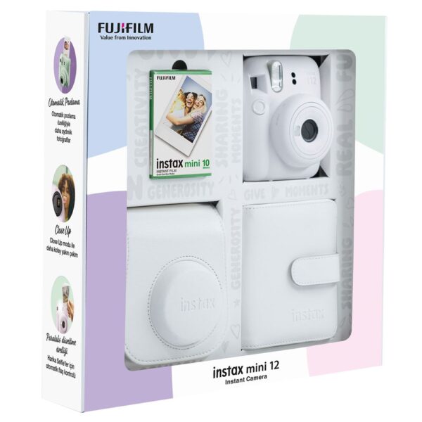 Instax mini 12 Beyaz Fotoğraf Makinesi 10'lu Film Kare Albüm ve Deri Kılıf Bundle Box - Görsel 2
