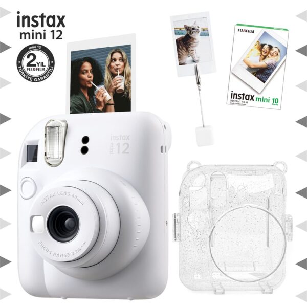 Instax mini 12 Beyaz Fotoğraf Makinesi-10'lu Film-Kıskaçlı Resim Standı ve Simli Pleksi Kılıf Seti