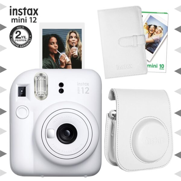 Instax mini 12 Beyaz Fotoğraf Makinesi-10'lu Film-Laporta Albüm ve Deri Kılıf Seti