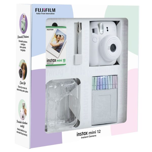 Instax mini 12 Beyaz Fotoğraf Makinesi 10'lu Film Simli Pleksi Kılıf Mandal ve Kıskaçlı Resim Standı Bundle Box - Görsel 2