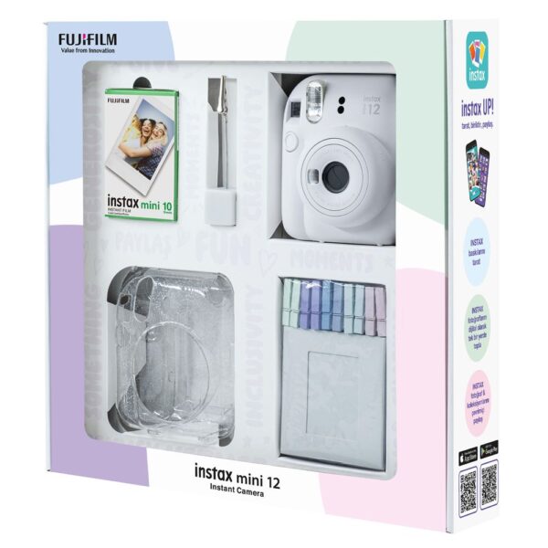 Instax mini 12 Beyaz Fotoğraf Makinesi 10'lu Film Simli Pleksi Kılıf Mandal ve Kıskaçlı Resim Standı Bundle Box - Görsel 3
