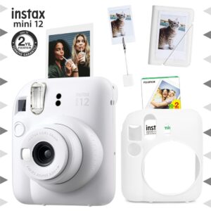 Instax mini 12 Beyaz Fotoğraf Makinesi-20'li Film-Kıskaçlı Stand-Mini Albüm ve Silikon Kılıf Seti