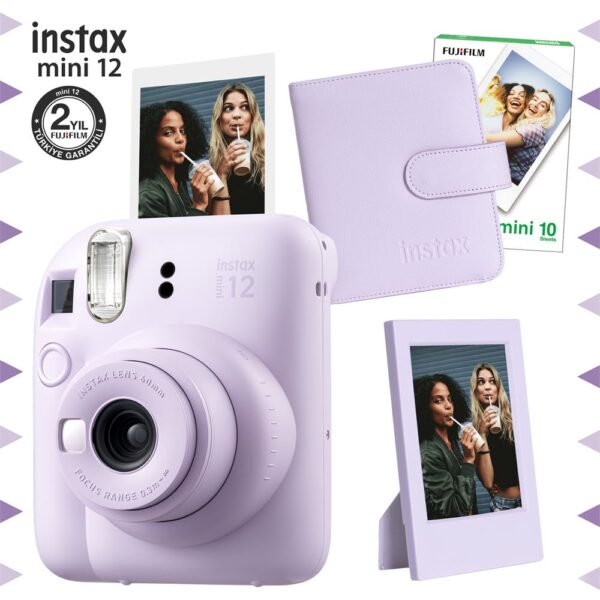 Instax mini 12 Lila Fotoğraf Makinesi-10'lu Film-Çerçeve ve Kare Albüm Seti
