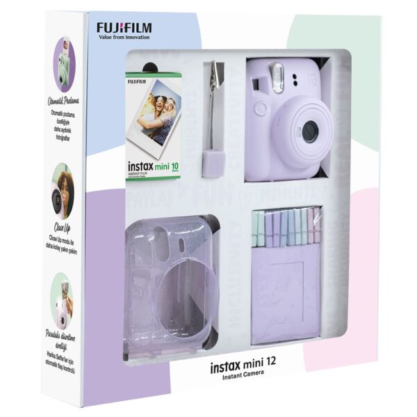 Instax mini 12 Lila Fotoğraf Makinesi 10'lu Film Simli Pleksi Kılıf Mandal ve Kıskaçlı Resim Standı Bundle Box - Görsel 2