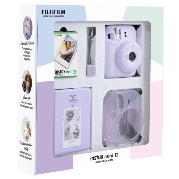 Instax mini 12 Lila Fotoğraf Makinesi 10'lu Film Simli Pleksi Kılıf PVC Albüm ve Kıskaçlı Resim Standı Bundle Box - Görsel 2