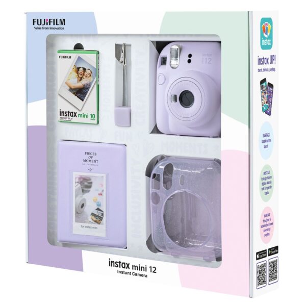 Instax mini 12 Lila Fotoğraf Makinesi 10'lu Film Simli Pleksi Kılıf PVC Albüm ve Kıskaçlı Resim Standı Bundle Box - Görsel 3