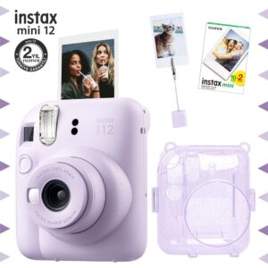 Instax mini 12 Lila Fotoğraf Makinesi-20'li Film-Kıskaçlı Resim Standı ve Simli Pleksi Kılıf Seti
