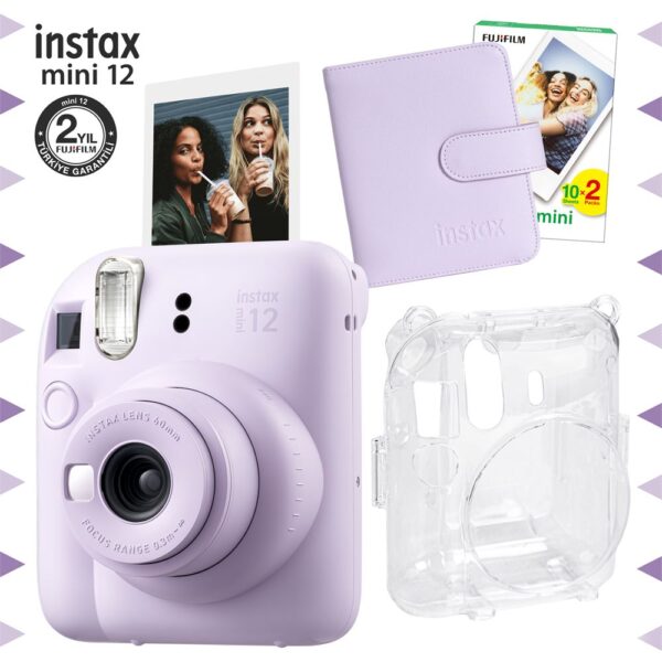 Instax mini 12 Lila Fotoğraf Makinesi-20'lu Film-Kare Albüm ve Şeffaf Kılıf Seti
