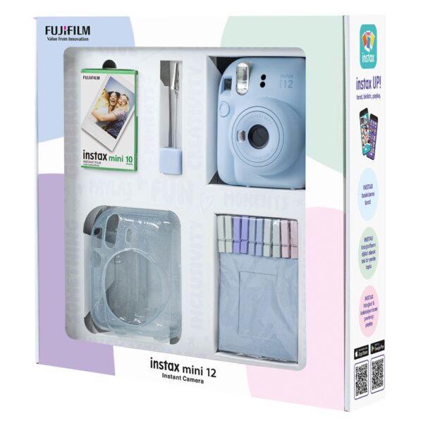Instax mini 12 Mavi Fotoğraf Makinesi 10'lu Film Simli Pleksi Kılıf Mandal ve Kıskaçlı Resim Standı Bundle Box - Görsel 2