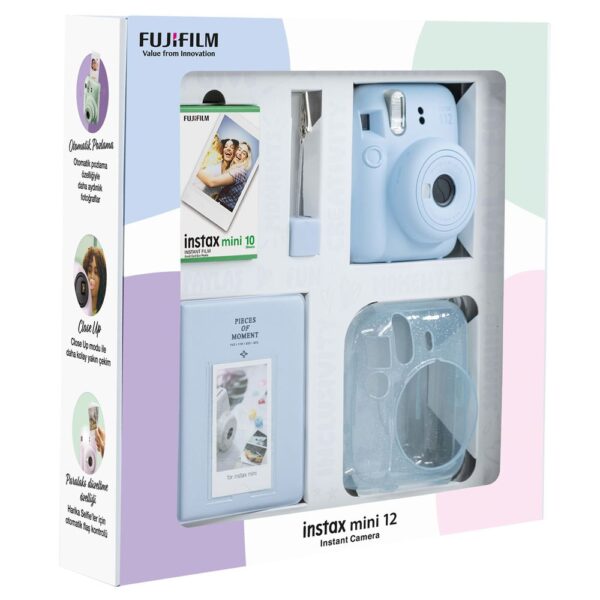 Instax mini 12 Mavi Fotoğraf Makinesi 10'lu Film Simli Pleksi Kılıf PVC Albüm ve Kıskaçlı Resim Standı Bundle Box - Görsel 3