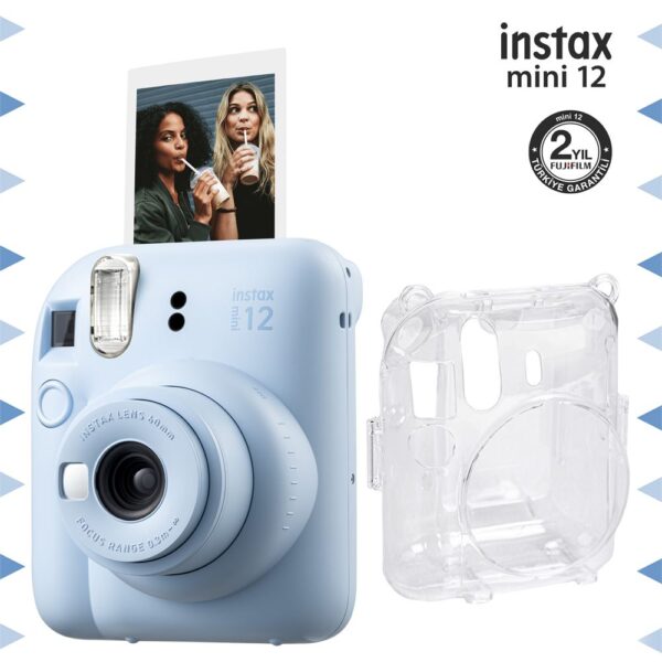 Instax mini 12 Mavi Fotoğraf Makinesi ve Şeffaf Kılıf Seti