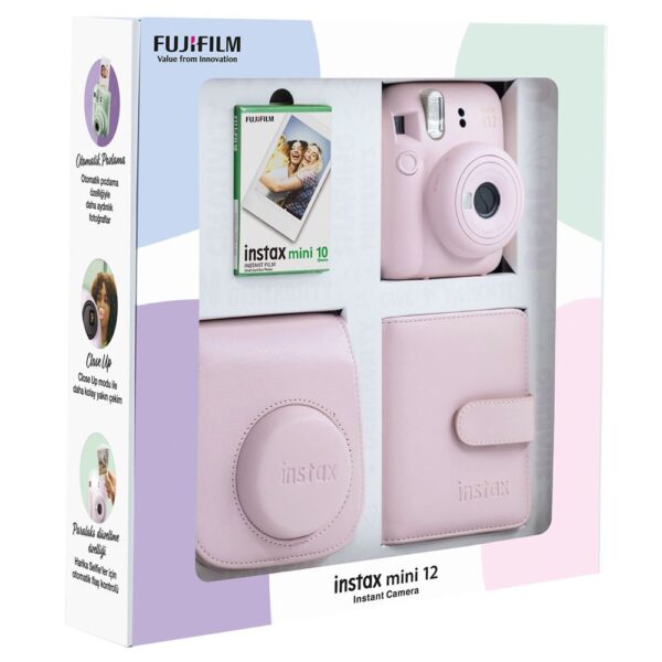 Instax mini 12 Pembe Fotoğraf Makinesi 10'lu Film Kare Albüm ve Deri Kılıf Bundle Box - Görsel 2