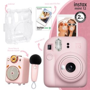 Instax mini 12 Pembe Fotoğraf Makinesi-10'lu Film-Şeffaf Kılıf ve Divoom Fairy-OK Pembe Karaoke Mikrofonlu FM Radyolu Bluetooth Hoparlör