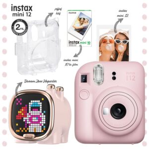Instax mini 12 Pembe Fotoğraf Makinesi-10'lu Film-Şeffaf Kılıf ve Divoom Zooe Led Ekranlı Bluetooth Hoparlör Seti