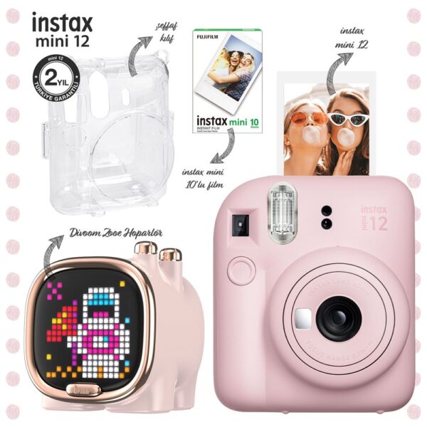 Instax mini 12 Pembe Fotoğraf Makinesi-10'lu Film-Şeffaf Kılıf ve Divoom Zooe Led Ekranlı Bluetooth Hoparlör Seti
