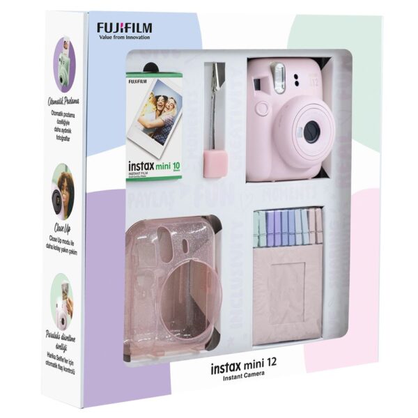 Instax mini 12 Pembe Fotoğraf Makinesi 10'lu Film Simli Pleksi Kılıf Mandal ve Kıskaçlı Resim Standı Bundle Box - Görsel 2