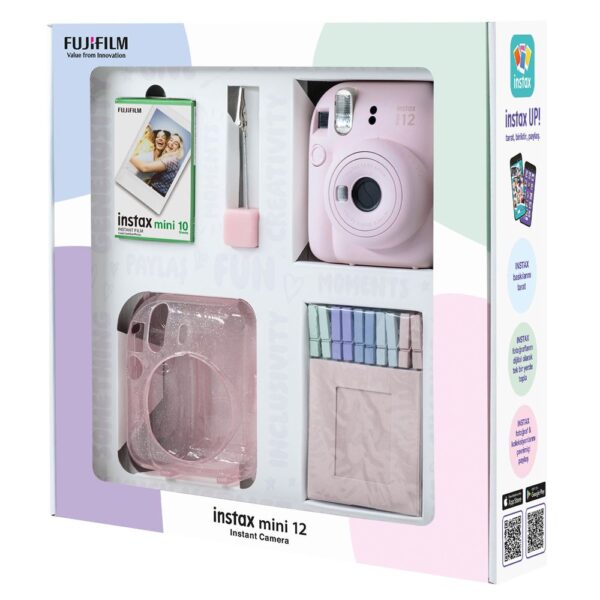 Instax mini 12 Pembe Fotoğraf Makinesi 10'lu Film Simli Pleksi Kılıf Mandal ve Kıskaçlı Resim Standı Bundle Box - Görsel 3