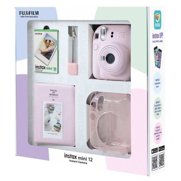 Instax mini 12 Pembe Fotoğraf Makinesi 10'lu Film Simli Pleksi Kılıf PVC Albüm ve Kıskaçlı Resim Standı Bundle Box - Görsel 2