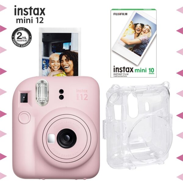Instax mini 12 Pembe Fotoğraf Makinesi-10'lu Film ve Şeffaf Kılıf Seti