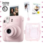 Instax mini 12 Pembe Fotoğraf Makinesi-20'li Film-Kıskaçlı Resim Standı ve Simli Pleksi Kılıf Seti
