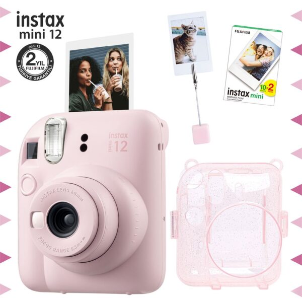 Instax mini 12 Pembe Fotoğraf Makinesi-20'li Film-Kıskaçlı Resim Standı ve Simli Pleksi Kılıf Seti