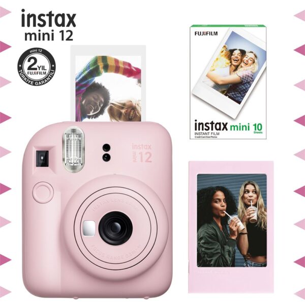 Instax mini 12 Pembe Fotoğraf Makinesi-Çerçeve ve 10'lu mini Film Seti