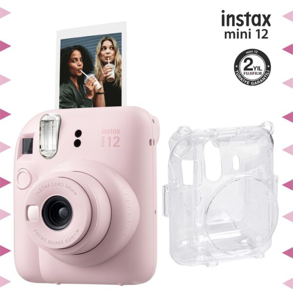 Instax mini 12 Pembe Fotoğraf Makinesi ve Şeffaf Kılıf Seti