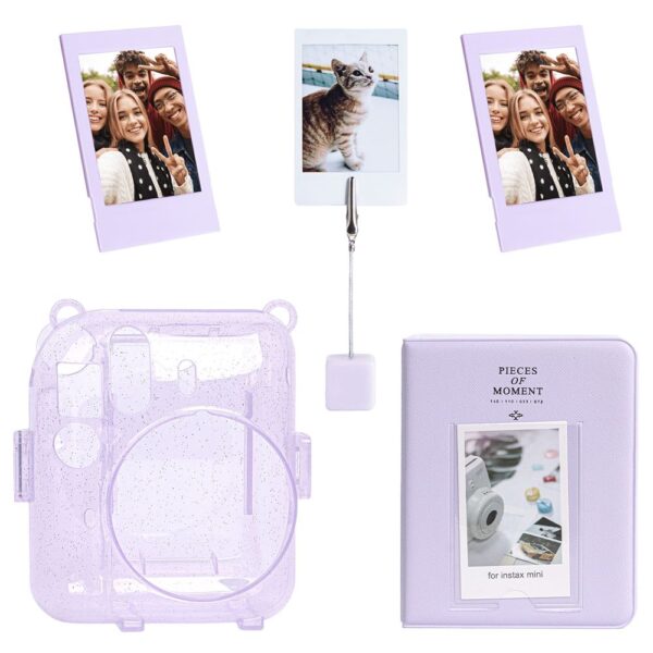 Instax mini 12 Simli Şeffaf Lila Kılıf Pvc 64'lü Albüm ve Fotoğraf Çerçeveleri Aksesuar Seti