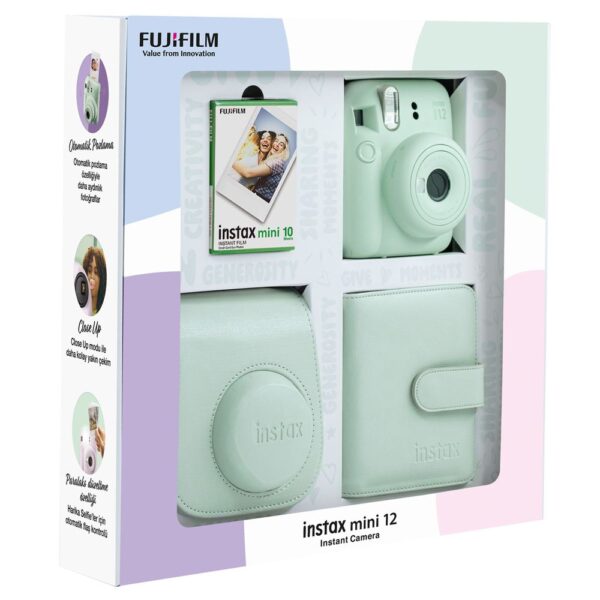 Instax mini 12 Yeşil Fotoğraf Makinesi 10'lu Film Kare Albüm ve Deri Kılıf Bundle Box - Görsel 2