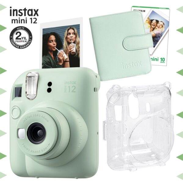 Instax mini 12 Yeşil Fotoğraf Makinesi-10'lu Film-Kare Albüm ve Şeffaf Kılıf Seti