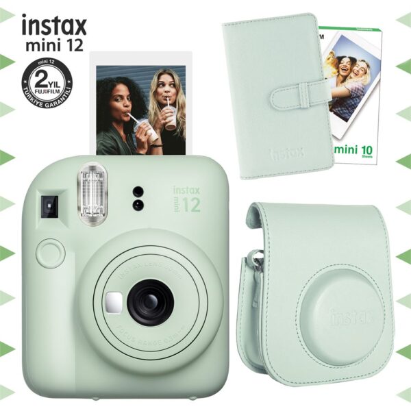 Instax mini 12 Yeşil Fotoğraf Makinesi-10'lu Film-Laporta Albüm ve Deri Kılıf Seti