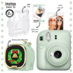 Instax mini 12 Yeşil Fotoğraf Makinesi-10'lu Film-Şeffaf Kılıf ve Divoom Zooe Led Ekranlı Bluetooth Hoparlör Seti